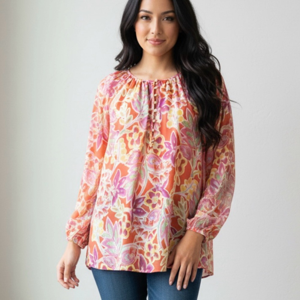Chaps NWT Popover Long Sleeve Floral Top XL